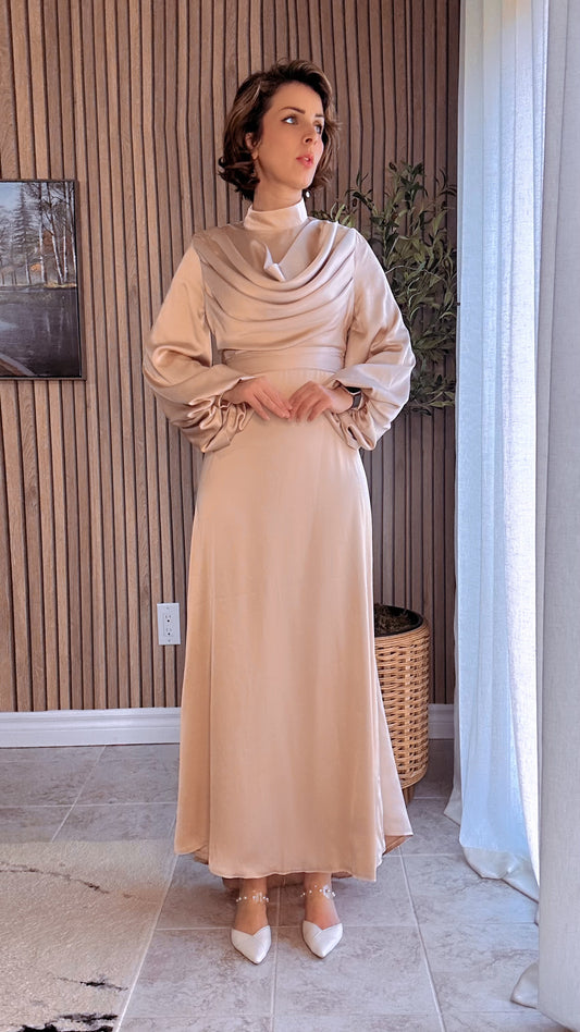 Satin Belted Draped Collar Modest Maxi Prom Dress