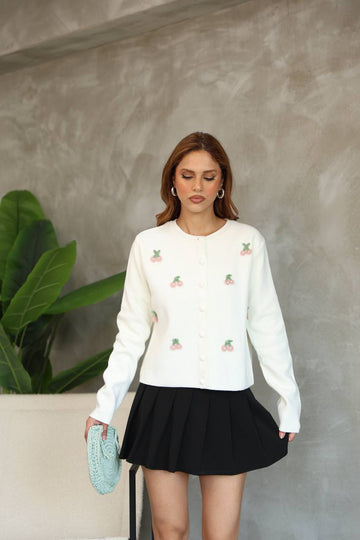 Women’s Embroidered White Cardigan – Cherry Blossom Knit Top with Button Front | Soft Feminine Style