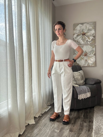 Women Tailored High Rise Straight Cut Belted Trousers