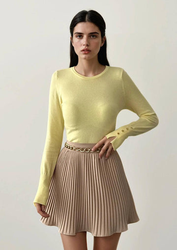 Women’s Pastel Yellow Knit Top – Long Sleeve Fitted Sweater with Button Cuff | Soft Elegant Layer