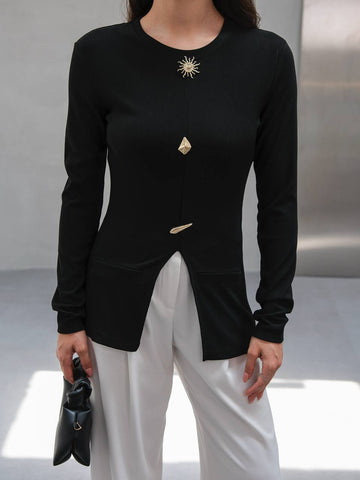 Women’s Embellished Tunic Set – Gold Accent Long Sleeve Top & Tailored Pants | Elegant Modest Fashion