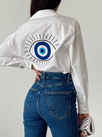 Embroidered Evil Eye Button-up Shirt
