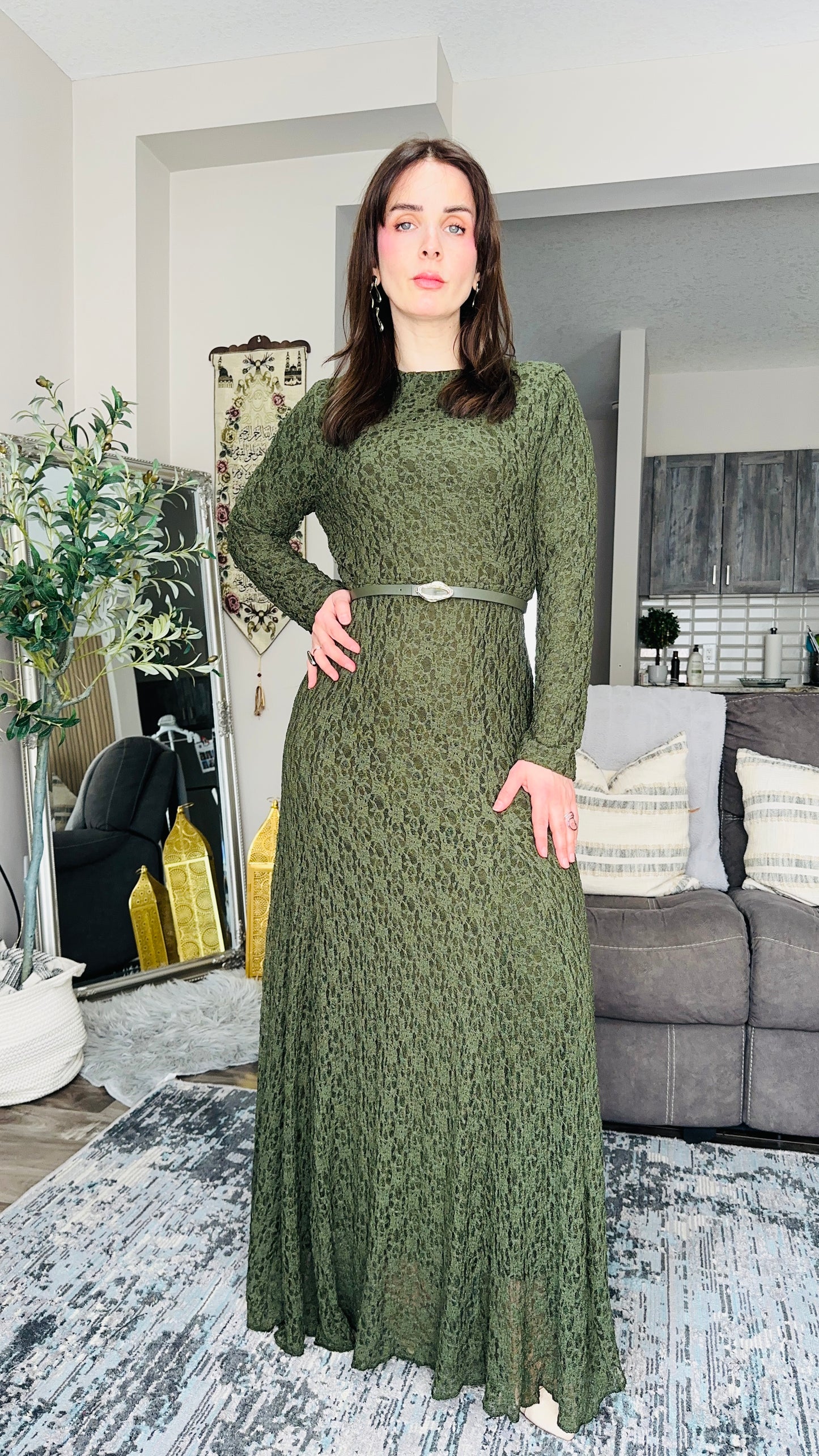 Long Lace Belted Maxi Dress فستان دانتيل