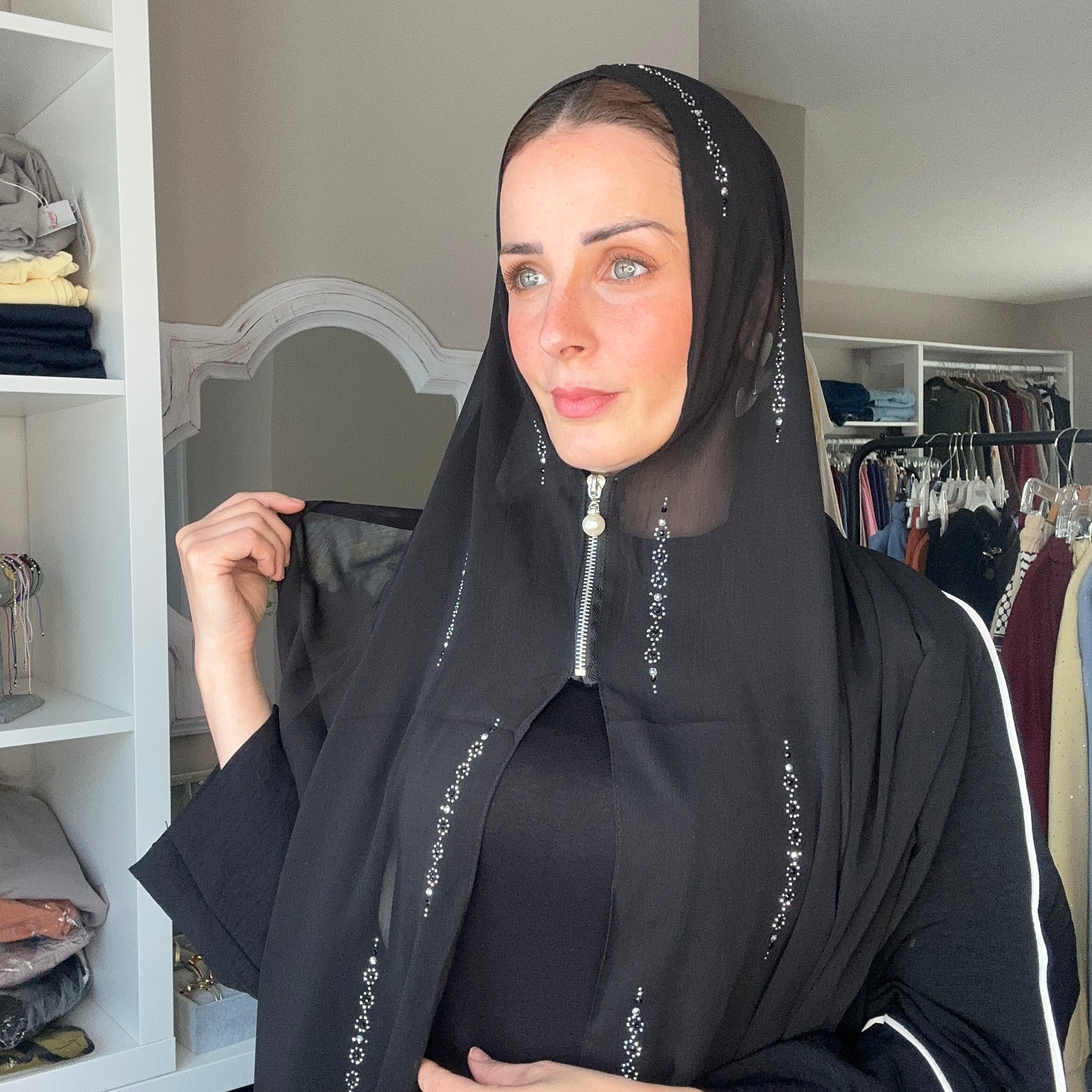 Zippered Crepe Chiffon Hijab Head Scarf with Crystals