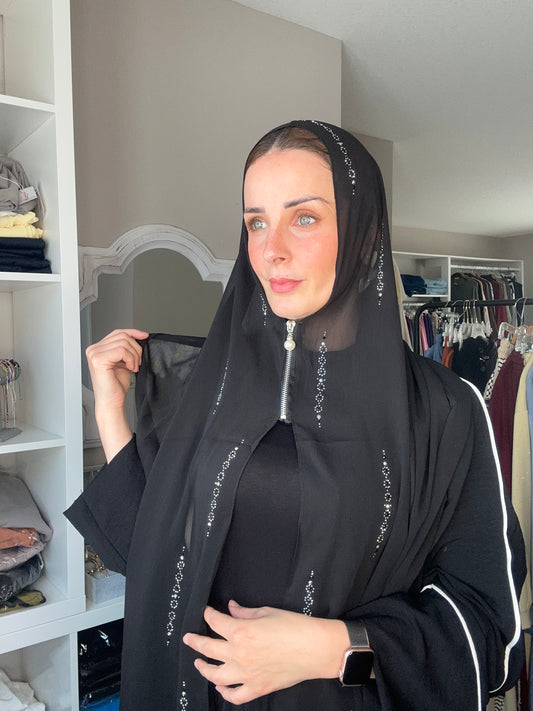 Zippered Crepe Chiffon Hijab Head Scarf with Crystals