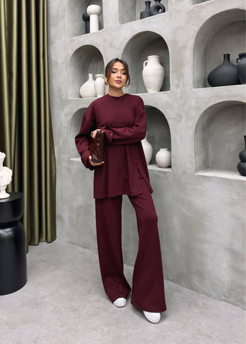 Women’s Belted Tunic & Wide-Leg Pants Set – Elegant Minimalist Style