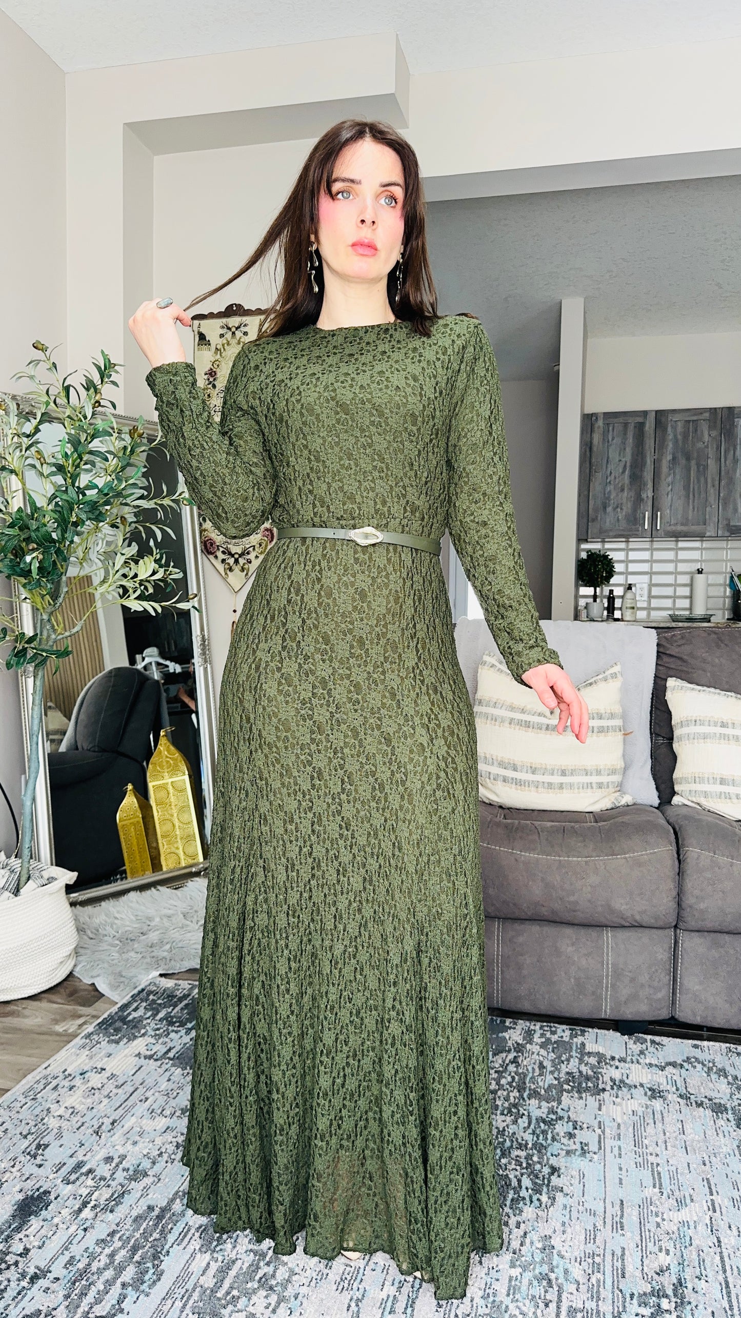 Long Lace Belted Maxi Dress فستان دانتيل