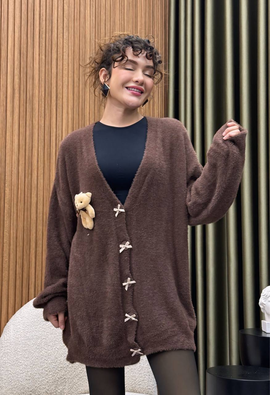 Oversized Bow-Button Cardigan with Teddy Bear Accent – Cozy Statement Layer