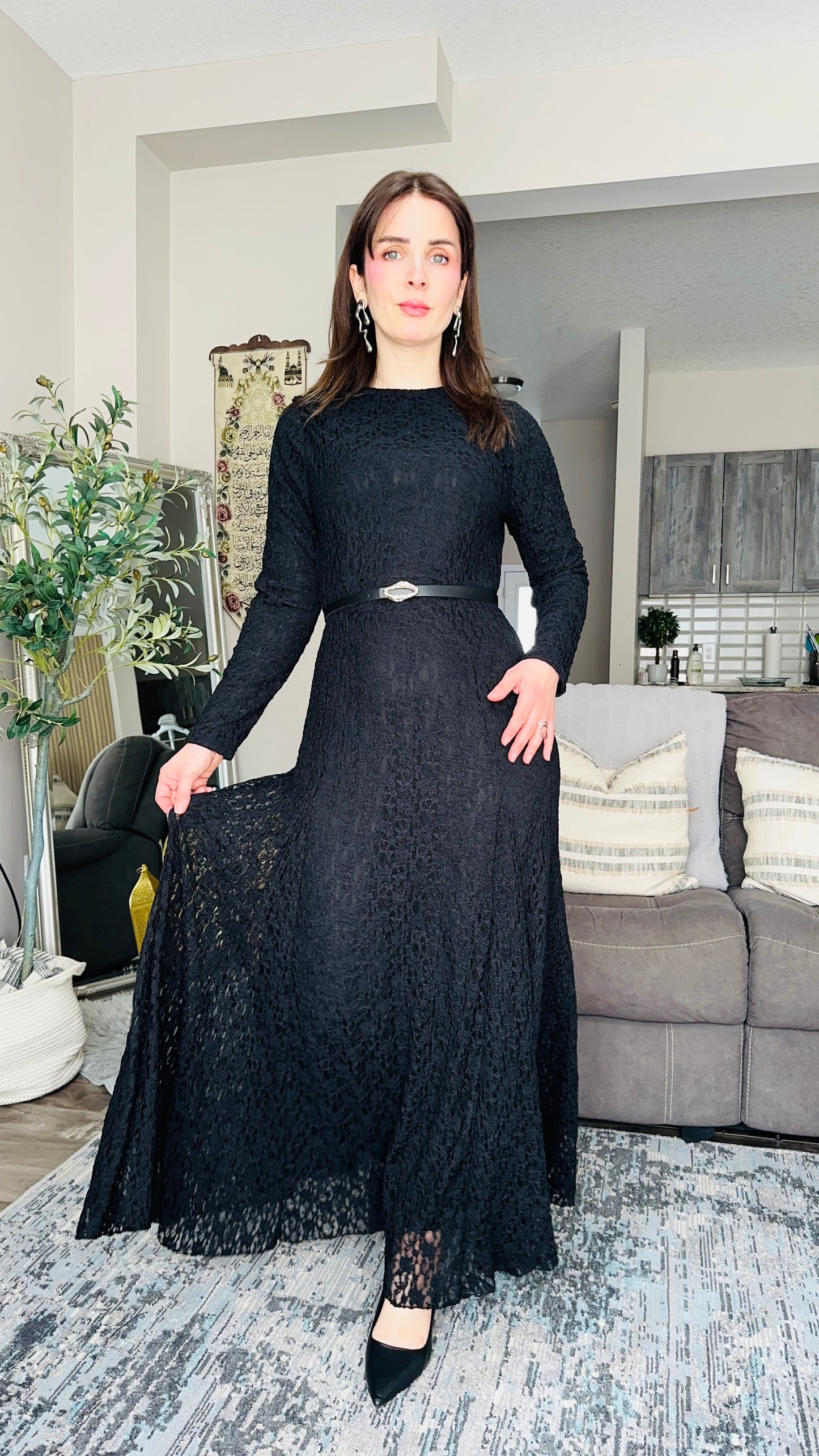 Long Lace Belted Maxi Dress فستان دانتيل