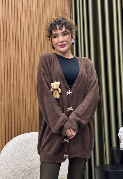 Oversized Bow-Button Cardigan with Teddy Bear Accent – Cozy Statement Layer