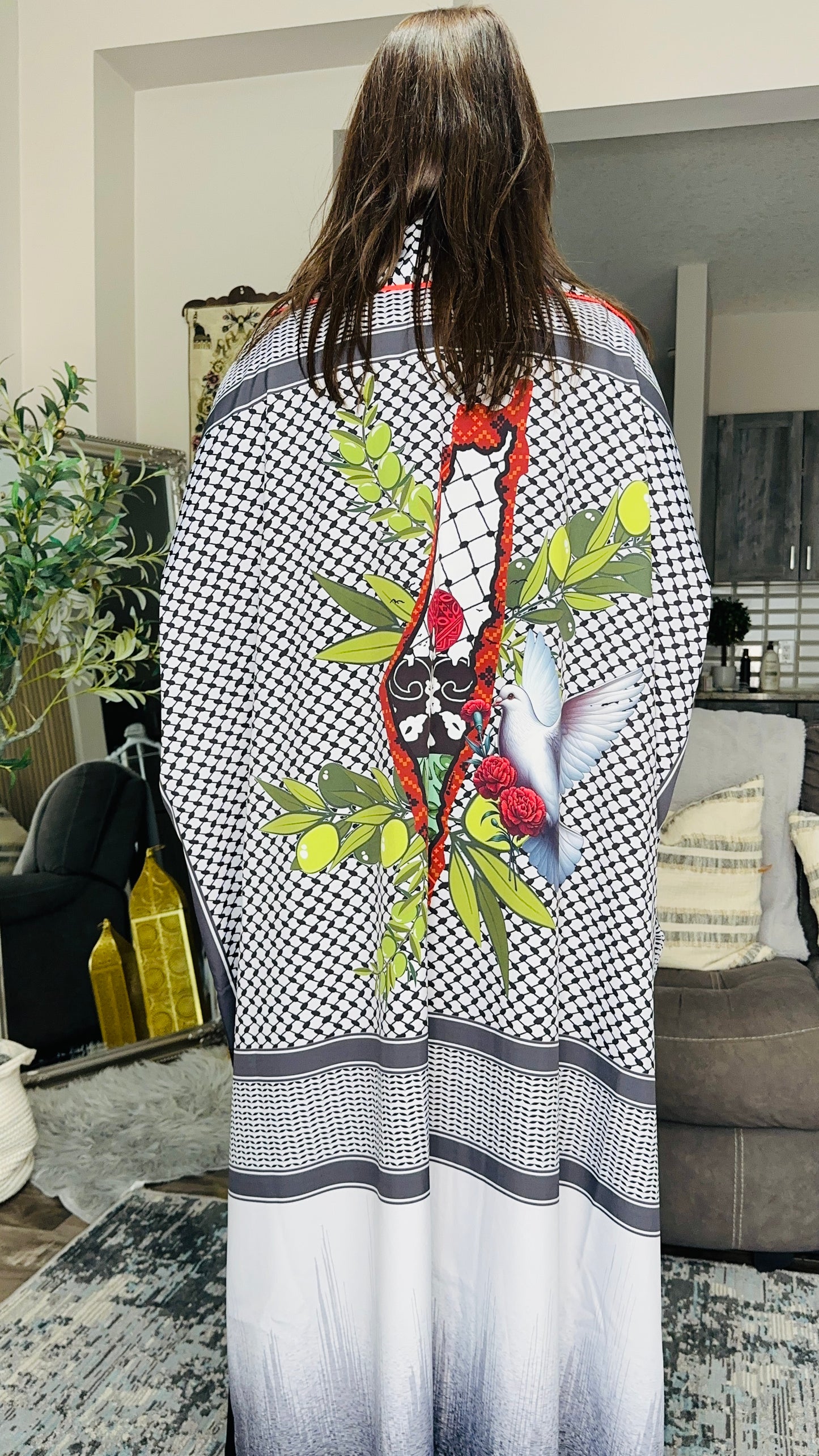 Keffiyeh‑Print Statement Maxi Kimono عباية غصن الزيتون