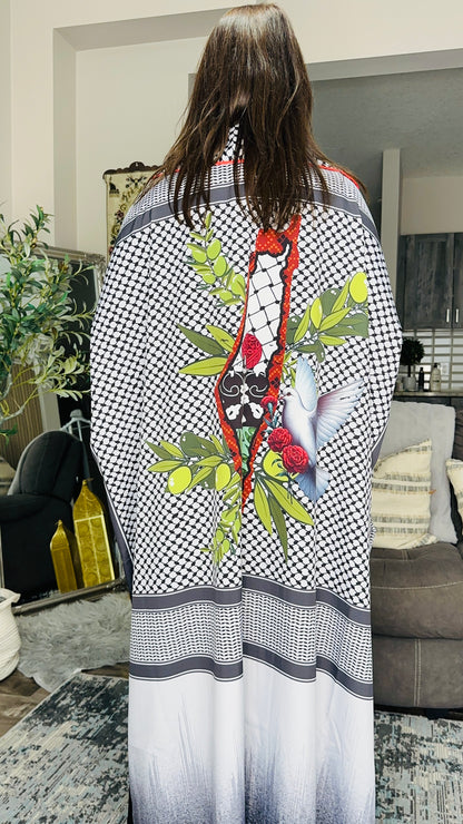 Keffiyeh‑Print Statement Maxi Kimono عباية غصن الزيتون