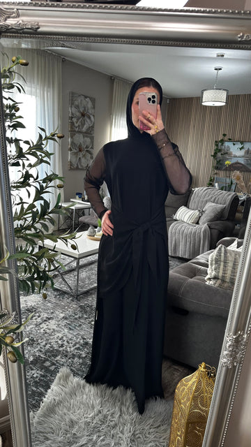 Built in Fabric Belt Mesh See Through Sleeves Dress