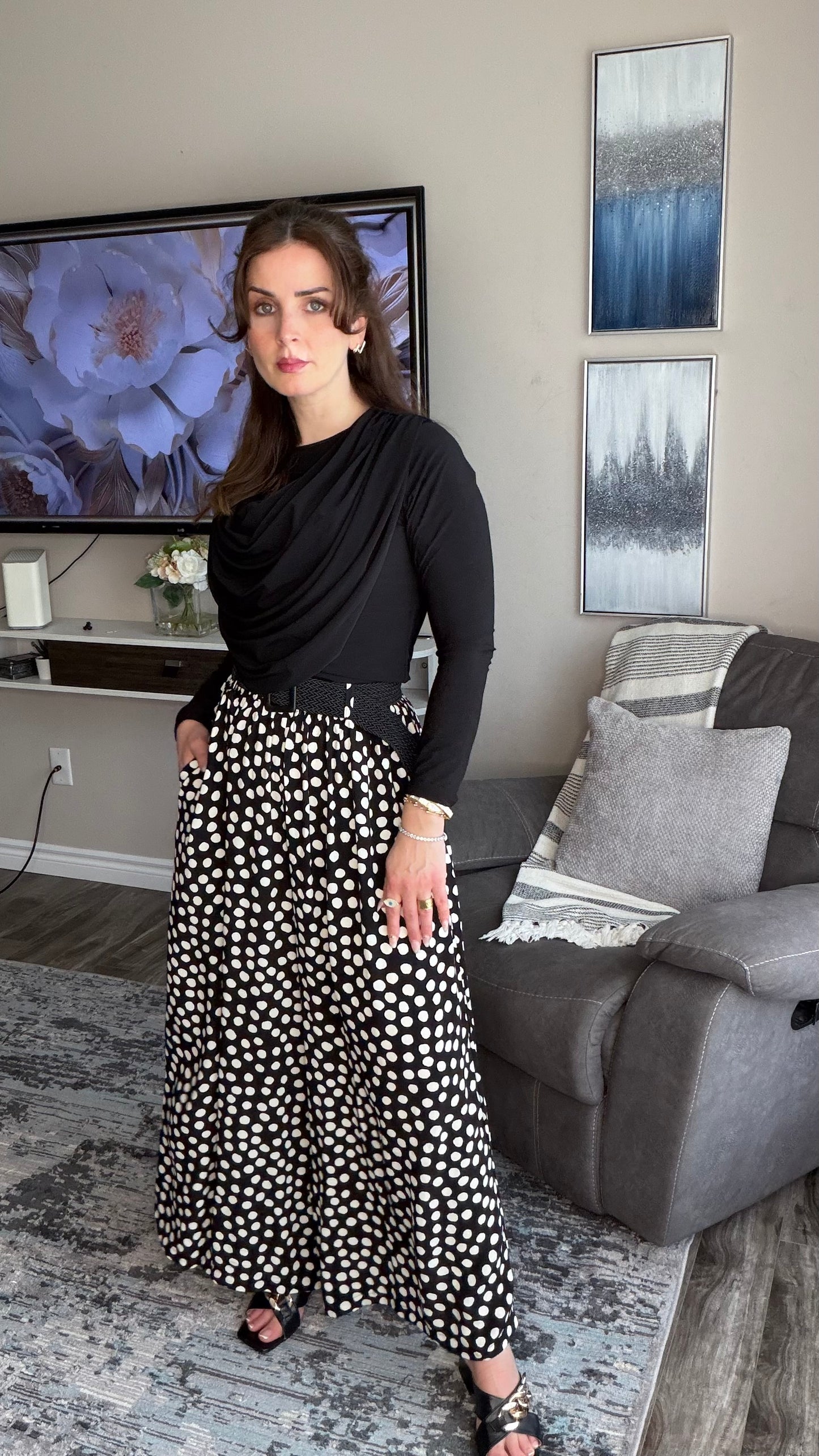 Polka-dots Wide‑Leg Belted Pants with Elegant Flowing Fit