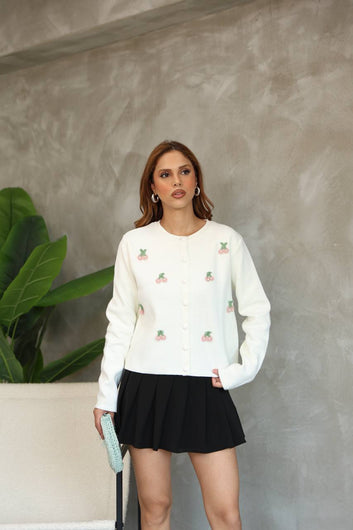 Women’s Embroidered White Cardigan – Cherry Blossom Knit Top with Button Front | Soft Feminine Style