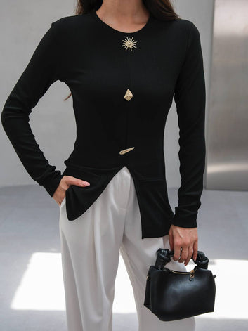 Women’s Embellished Tunic Set – Gold Accent Long Sleeve Top & Tailored Pants | Elegant Modest Fashion
