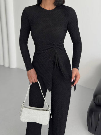 Women’s Textured Wrap Set – Long Sleeve Top & Wide-Leg Pants, Modest Chic Loungewear