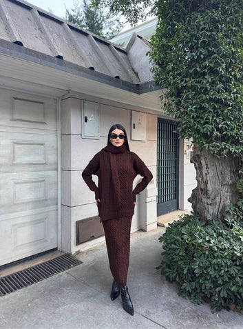 Cable Knit Skirt Set with Scarf – Cozy Modest Style for Everyday Elegance