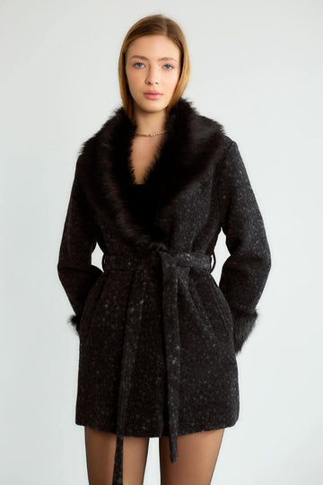 Faux Fur Wool Midi Coat – Lined, Elegant & Warm