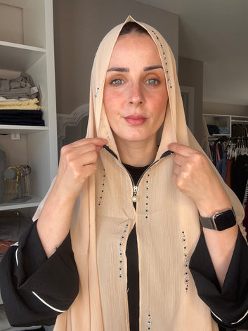Zippered Crepe Chiffon Hijab Head Scarf with Crystals