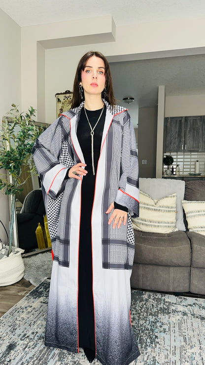 Keffiyeh‑Print Statement Maxi Kimono عباية غصن الزيتون