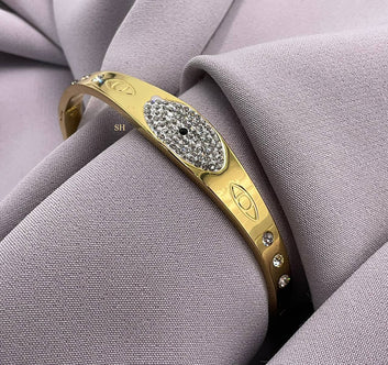 Gold Evil Eye Bangle with Crystal Pavé Accents