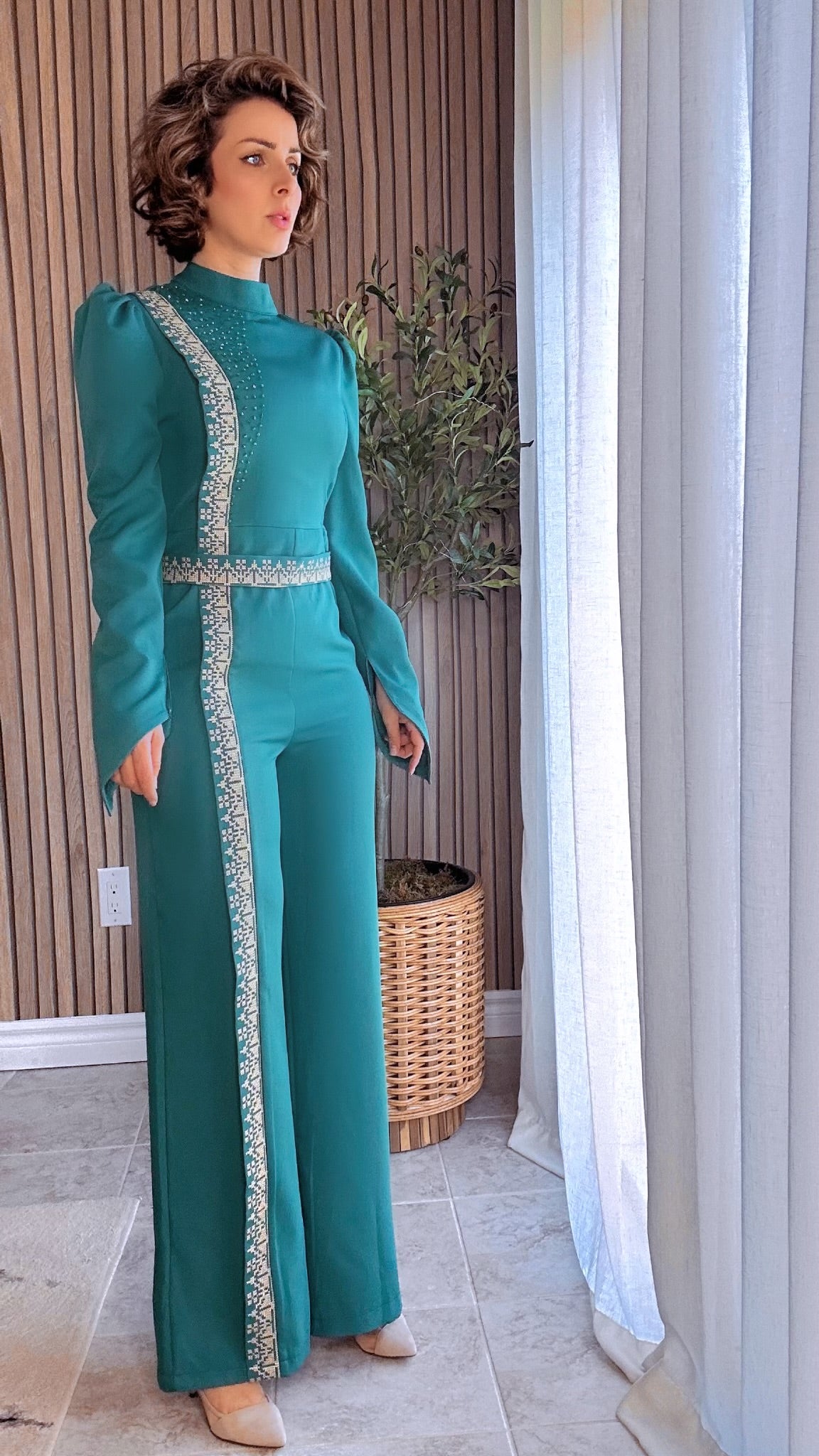 Embroidered Sequined Belted Modest Jumpsuit