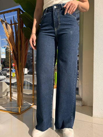 Straight Cut High Rise Denim Pants Unfinished Hems