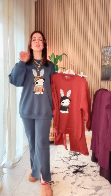 Cartoon Bunny Graphic Sweatshirt and Pants Set – Cozy Casual Wear