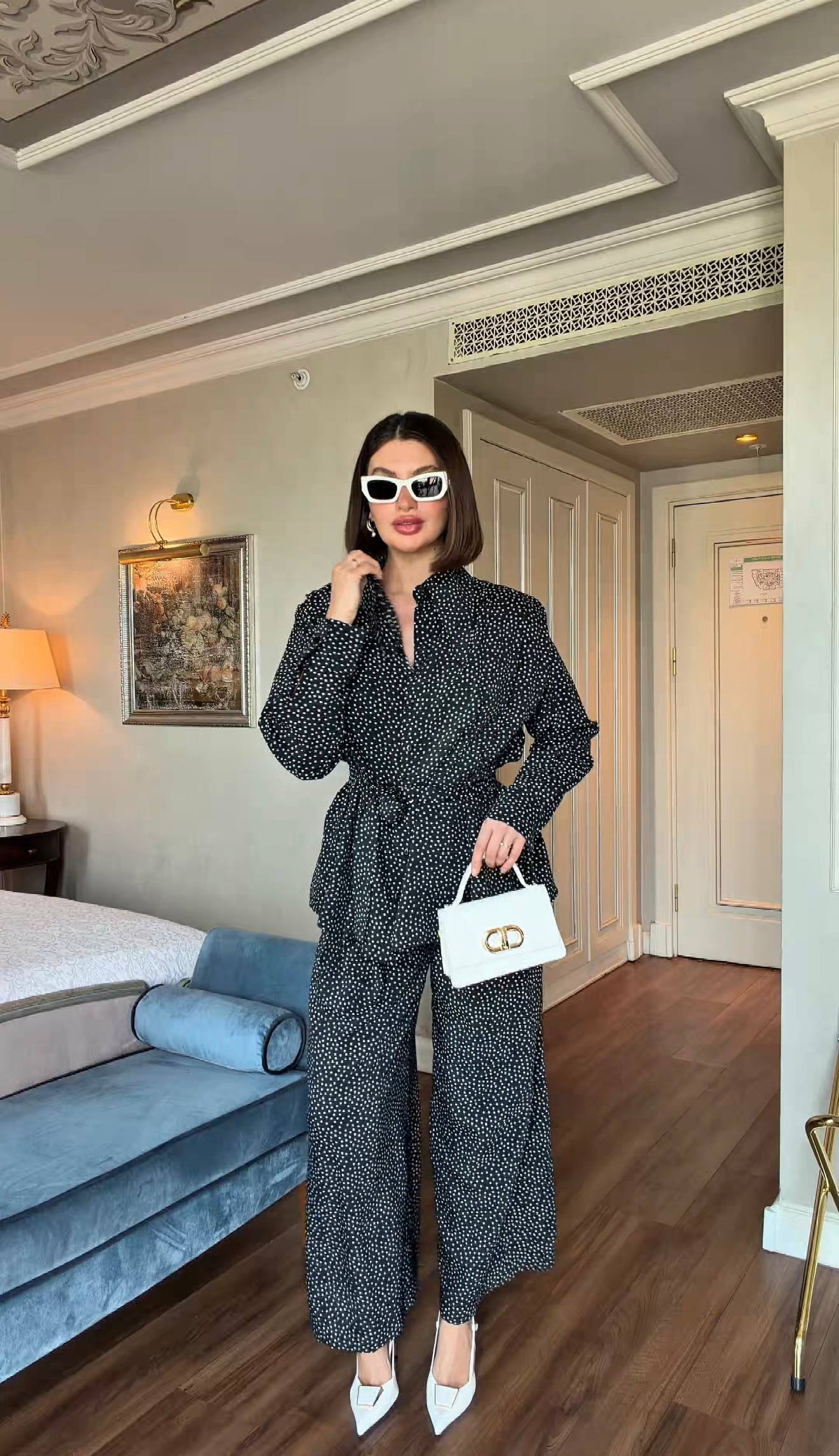 Modest Polka‑Dot Two‑Piece Set with Belted Waist
