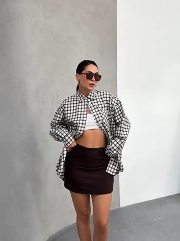 Oversized Checkered Shirt for Women – Black & White Streetwear Style