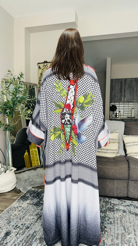 Keffiyeh‑Print Statement Maxi Kimono عباية غصن الزيتون