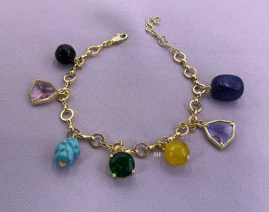 Gold Charm Bracelet with Colorful Gemstone pendants