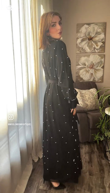 See Through Jeweled Belted Abaya