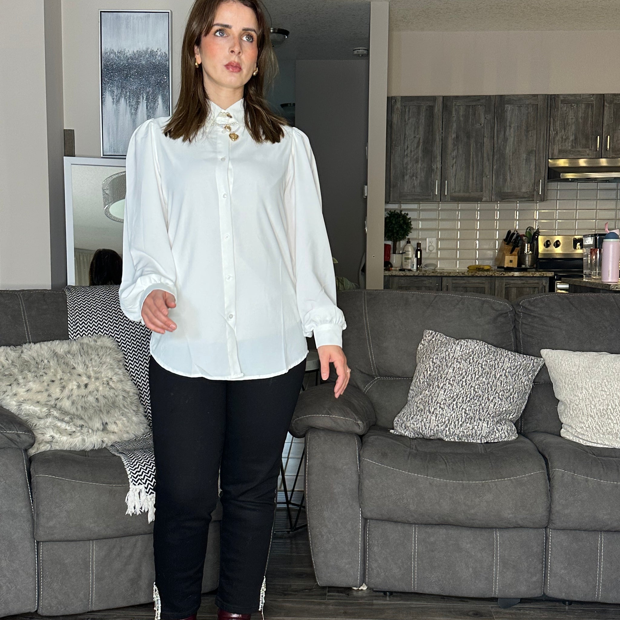 High-Collar Puff Sleeve Blouse – Elegant Layering Piece