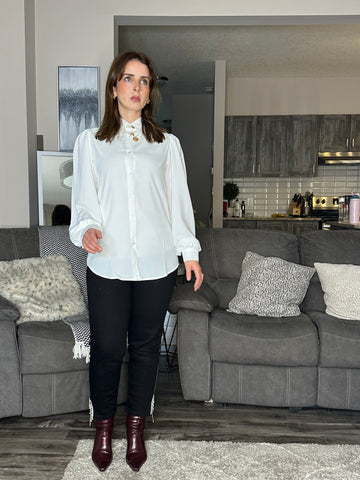 High-Collar Puff Sleeve Blouse – Elegant Layering Piece