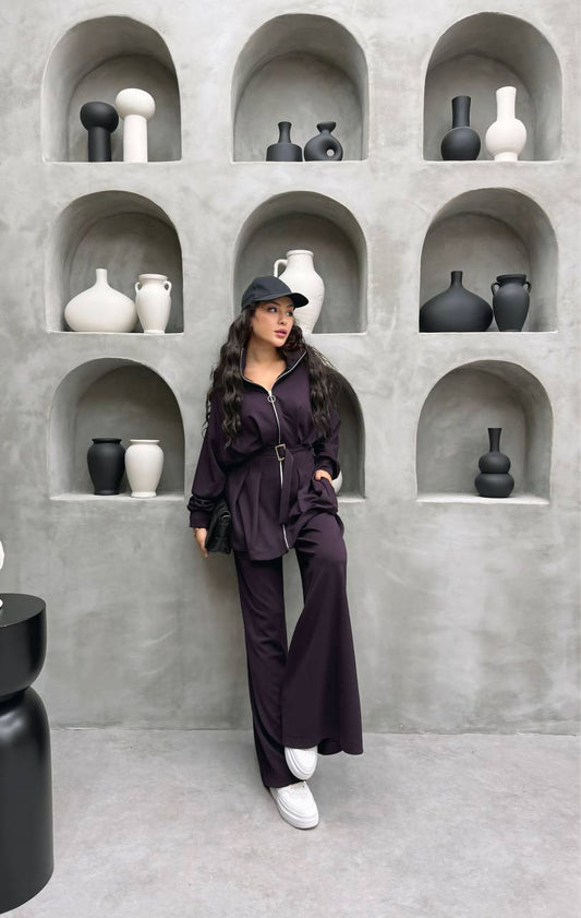 Women’s Zip-Up Belted Set – Long Sleeve Tunic & Wide-Leg Pants | Modest Streetwear Outfit