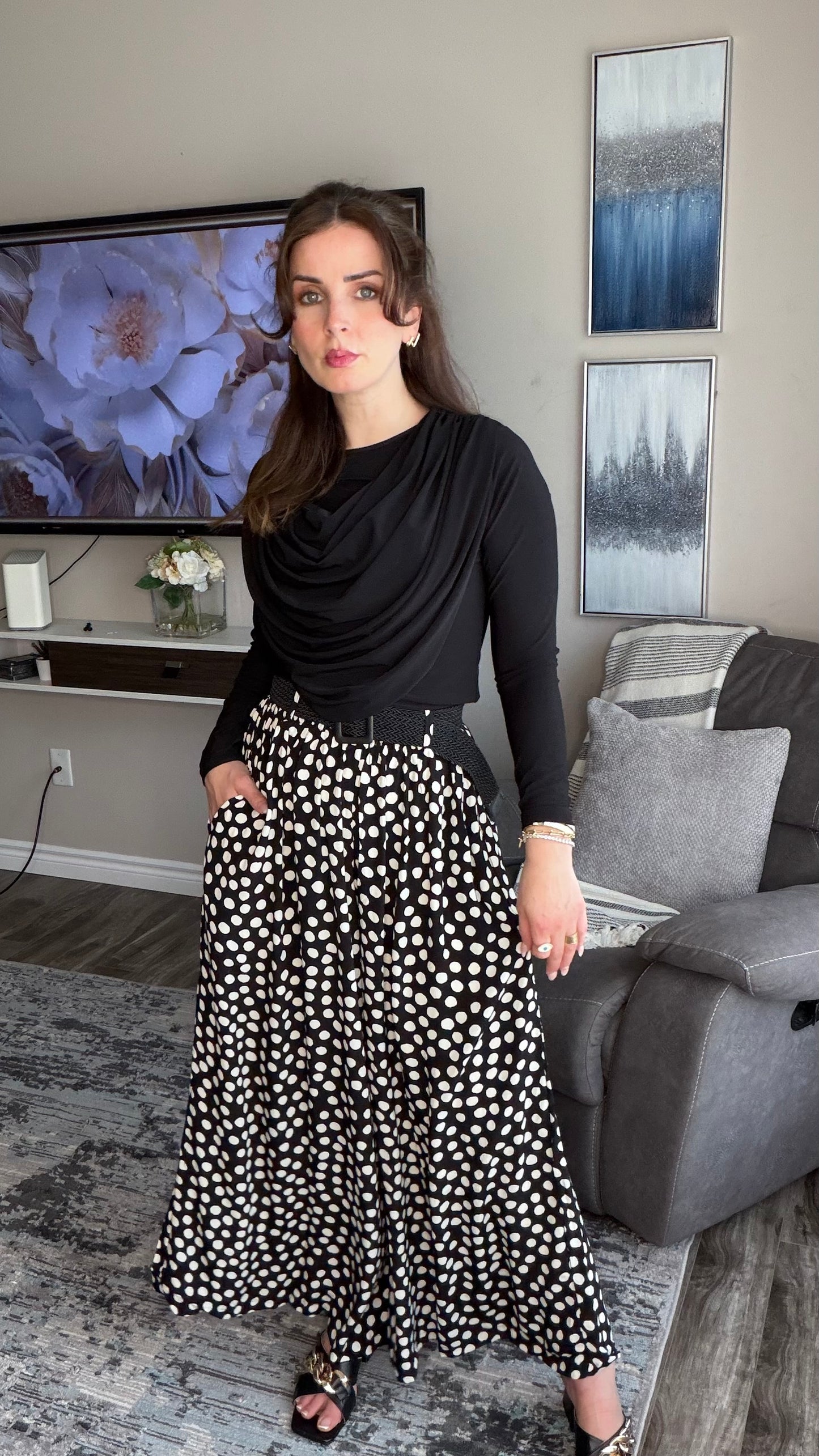 Polka-dots Wide‑Leg Belted Pants with Elegant Flowing Fit