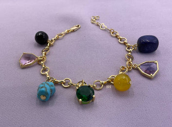 Gold Charm Bracelet with Colorful Gemstone pendants