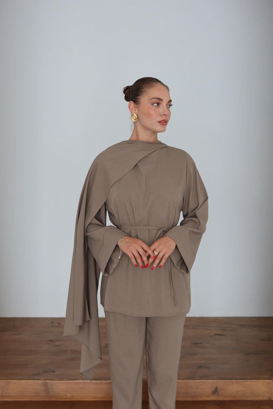 Women’s Taupe Draped Set – Asymmetrical Wrap Top & Wide-Leg Pants | Modest Chic Outfit