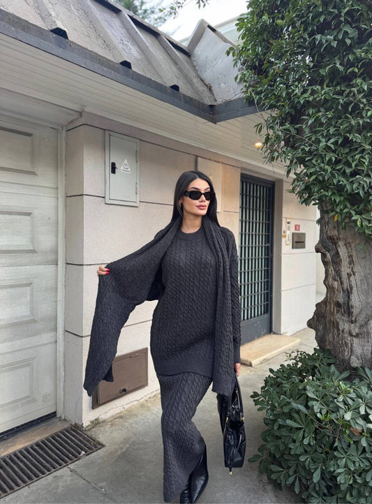 Cable Knit Skirt Set with Scarf – Cozy Modest Style for Everyday Elegance