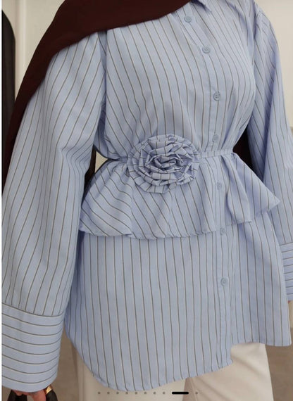Striped Peplum Top with Floral Belt Detail