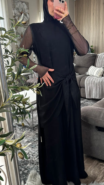 Built in Fabric Belt Mesh See Through Sleeves Dress