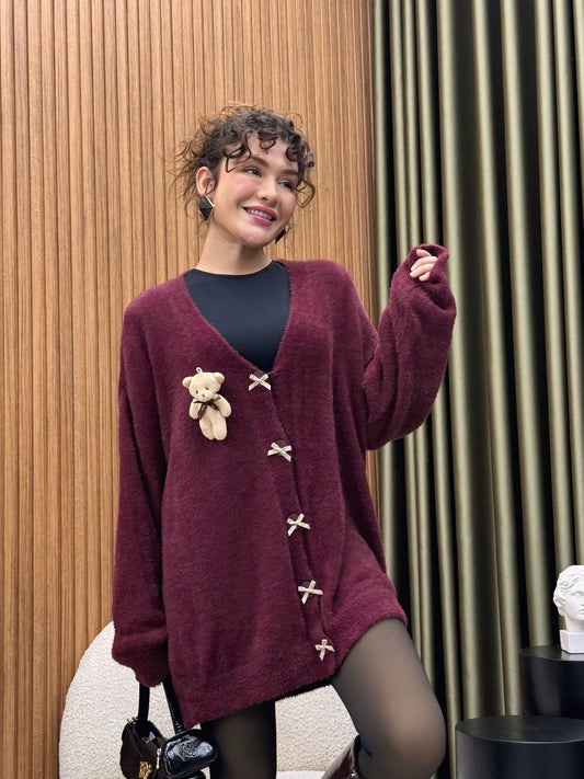 Oversized Bow-Button Cardigan with Teddy Bear Accent – Cozy Statement Layer