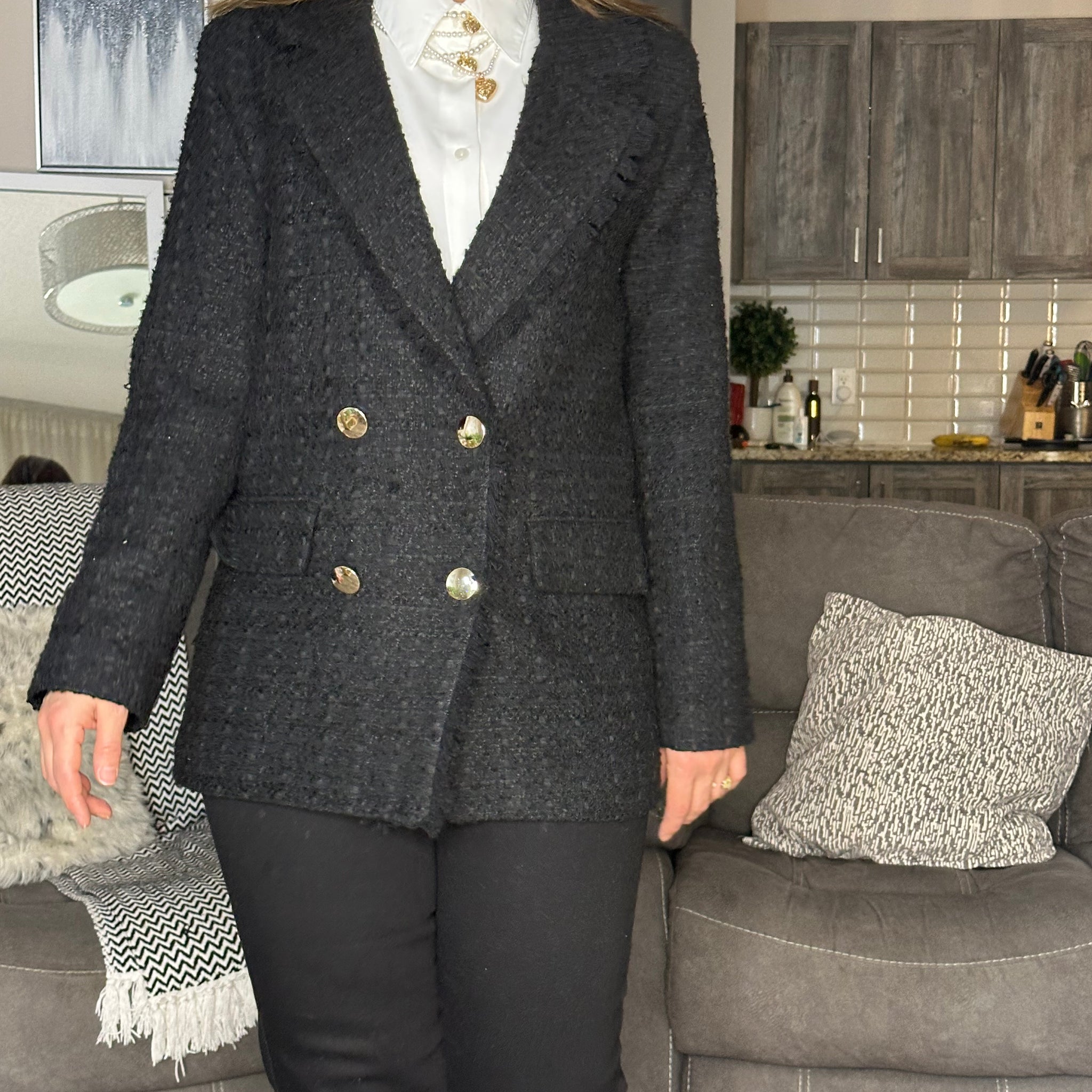 Textured Double-Breasted Blazer with Metallic Buttons – Structured Formal Layer (Shirt Sold Separately)