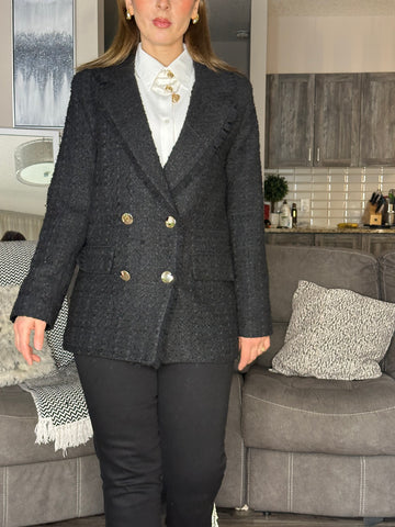 Textured Double-Breasted Blazer with Metallic Buttons – Structured Formal Layer (Shirt Sold Separately)