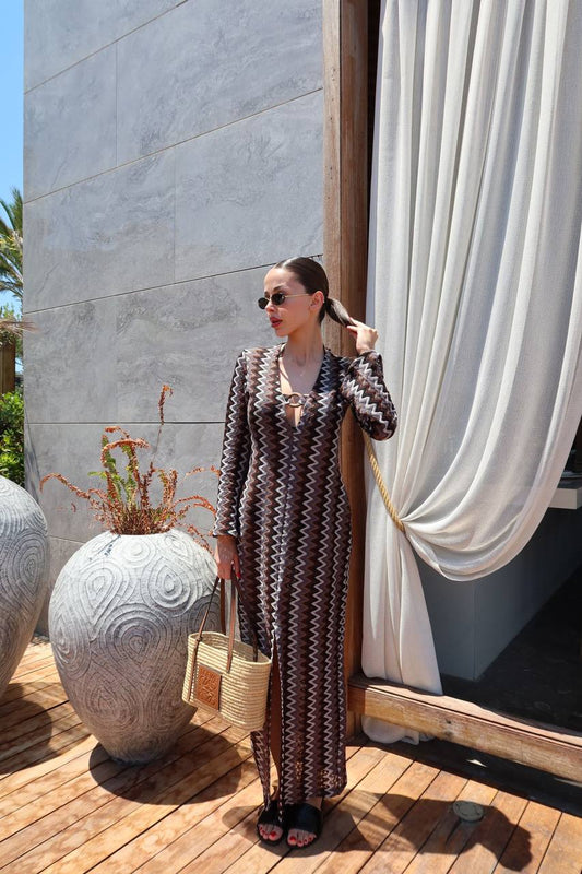 Women’s Zigzag Crochet Maxi Dress – Boho Resort Style