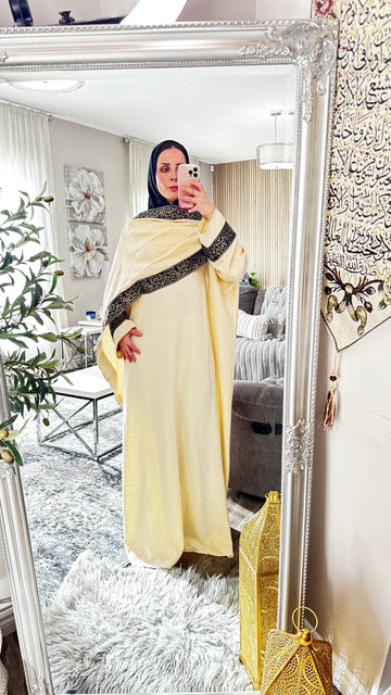Arabic Calligraphy Abaya Dress with Built-In Scarf – Elegant Draped Silhouette