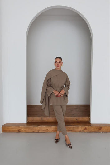 Women’s Taupe Draped Set – Asymmetrical Wrap Top & Wide-Leg Pants | Modest Chic Outfit