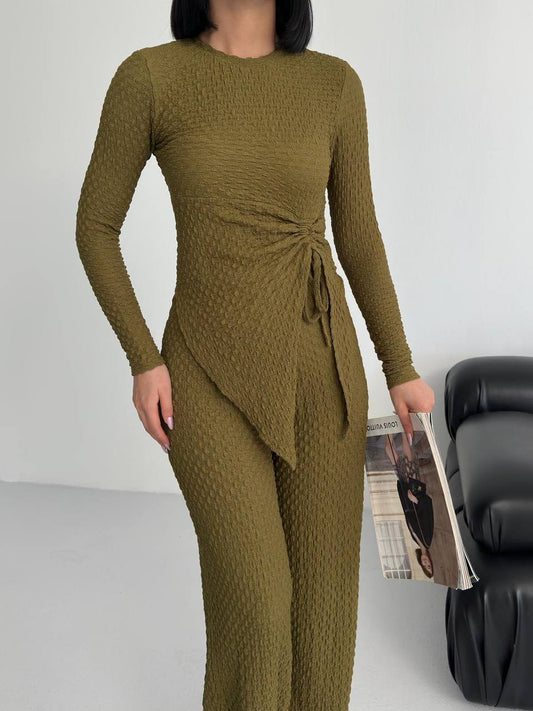 Women’s Textured Wrap Set – Long Sleeve Top & Wide-Leg Pants, Modest Chic Loungewear